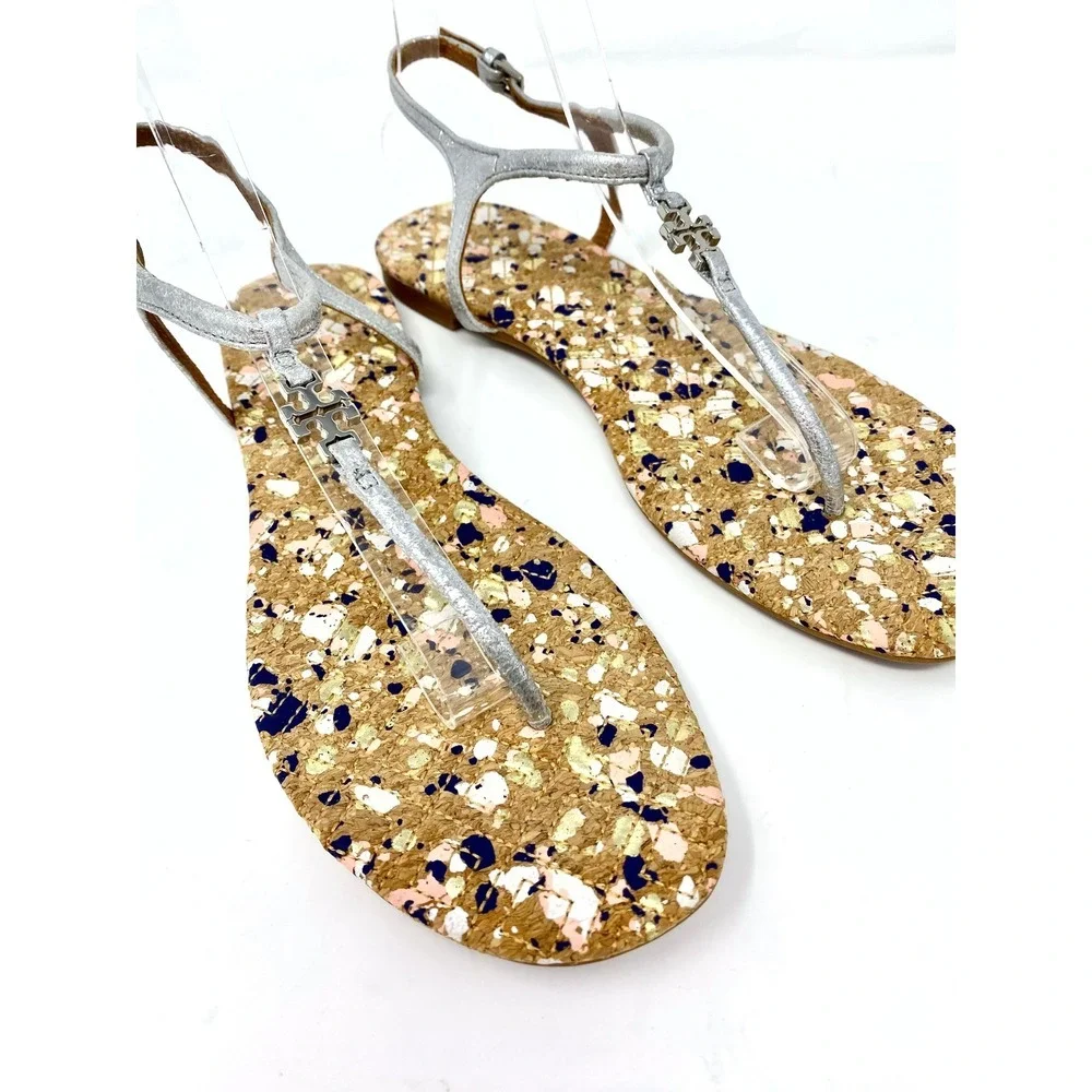 Tory Burch Silver Metallic Leather Cork Splatter Logo Thong Sandals Womens 7.5